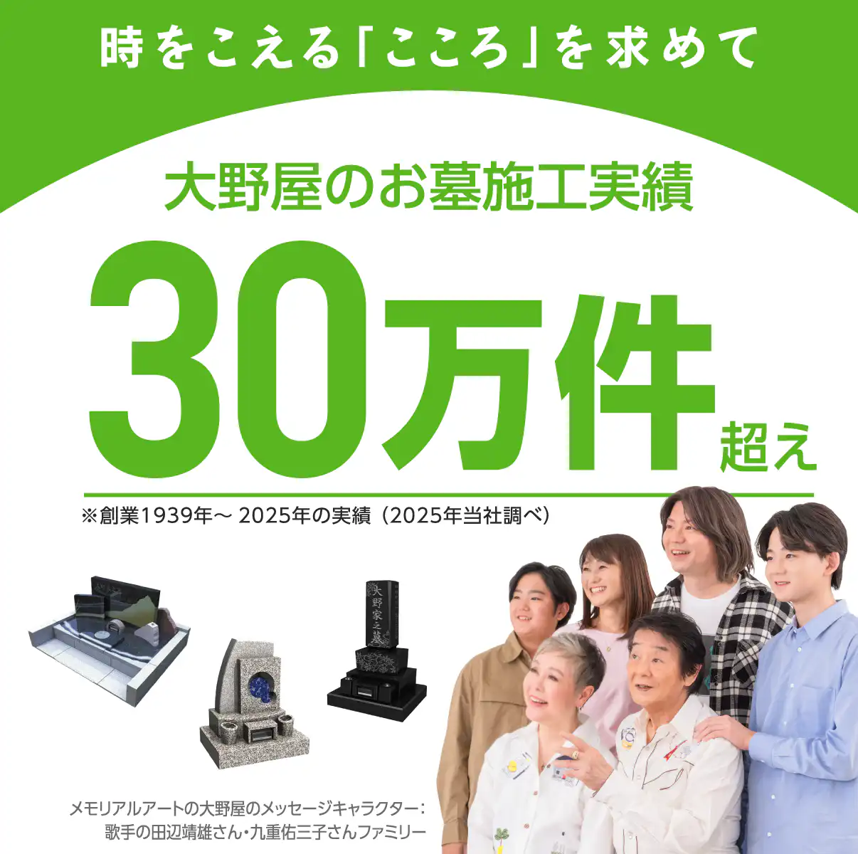 大野屋のお墓施工実績30万件超え（創業1939年〜2025年の実績（2025年当社調べ））。時をこえる「こころ」を求めて。