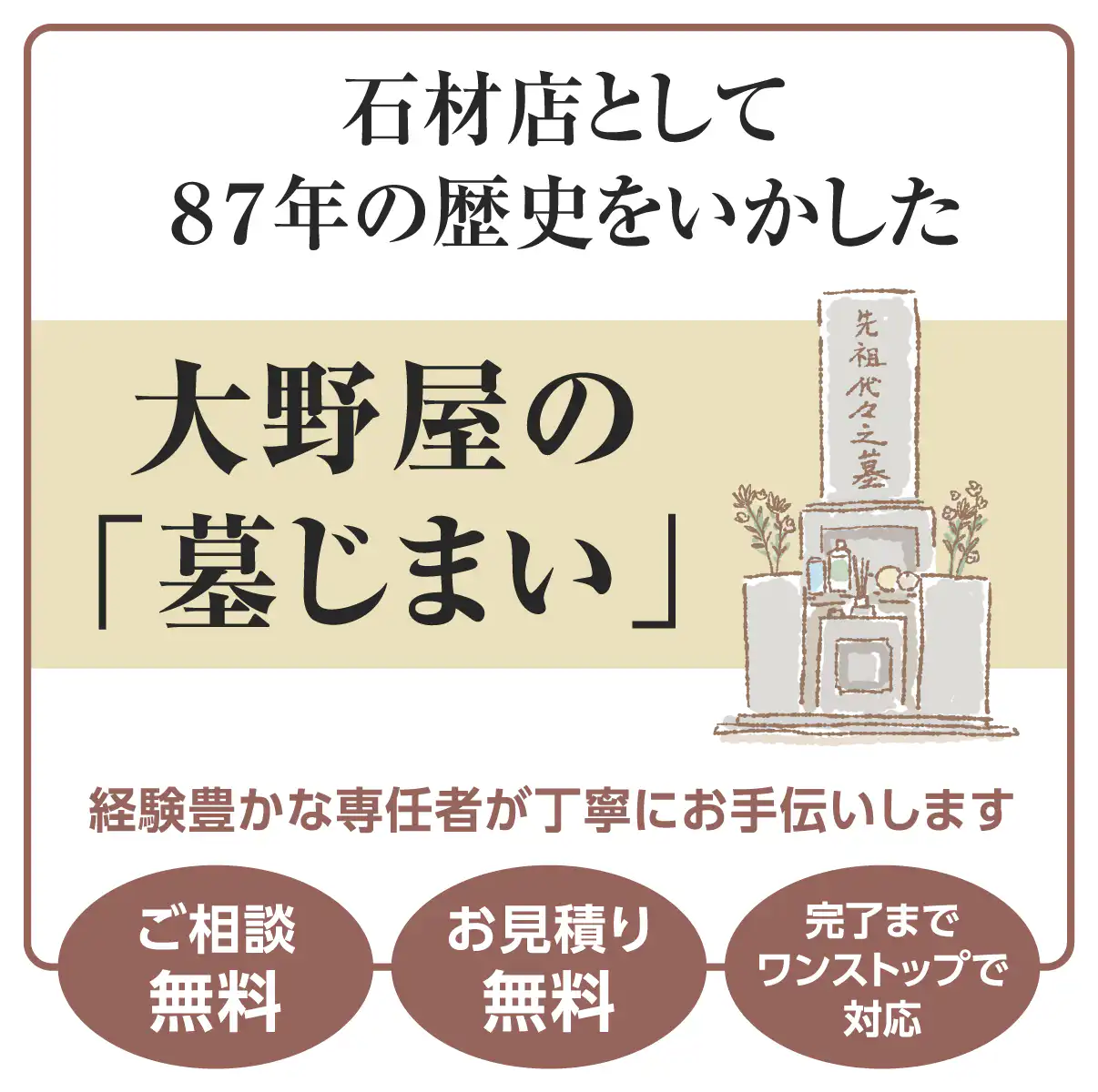 石材店として87年の経験をいかした、大野屋の「墓じまい」。経験豊かな専任者が、丁寧にお手伝いします。ご相談無料。お見積り無料。完了までワンストップで対応。