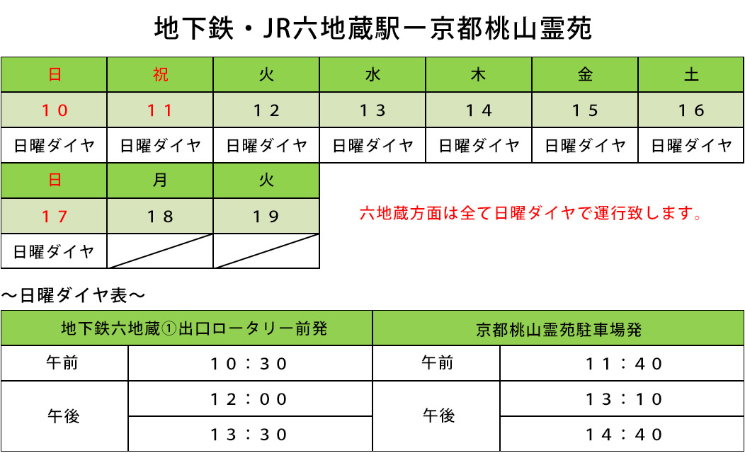 2025年　お盆のバス運行表　地下鉄・JR六地蔵駅～京都桃山霊苑