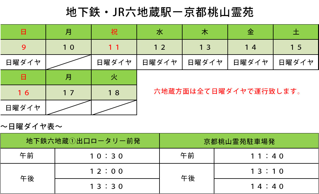 2026年 お盆のバス運行表 地下鉄・JR六地蔵駅~京都桃山霊苑